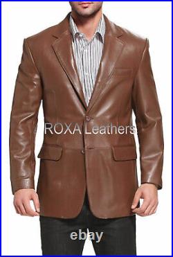 Modern Men's Brown Workwear Real Genuine Lambskin Leather Blazer TWO BUTTON Coat