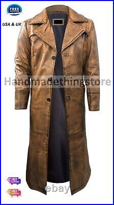 NEW Leather Trench Coat Long Coat For Men Genuine Lambskin Full Length Coat