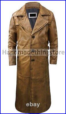 NEW Leather Trench Coat Long Coat For Men Genuine Lambskin Full Length Coat