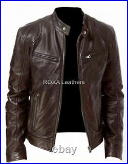 NEW Men's Genuine Cow Hide Real Leather Jacket Dark Brown Motorcycle Button Coat