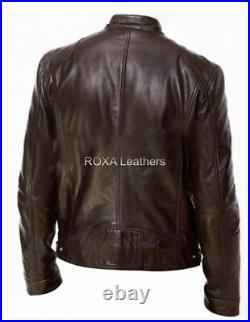 NEW Men's Genuine Cow Hide Real Leather Jacket Dark Brown Motorcycle Button Coat