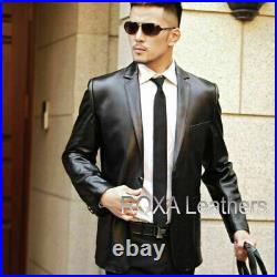NEW Men's High Quality Real Genuine Lambskin Leather Blazer Black Business Coat