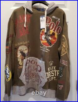 NWT Polo Ralph Lauren Olive SPORTSMAN All Over Graphic Hoodie Sweatshirt Large