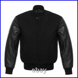 New American Solid Black Varsity Jacket With Real Cowhide Leather Sleeves