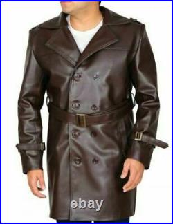 New Classic Belte Men Stylish BROWN Lambskin Leather Trench Coat