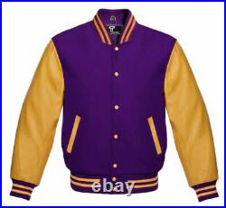 New Letterman American Varsity Jacket Purple Wool with Gold Real Leather Sleeves