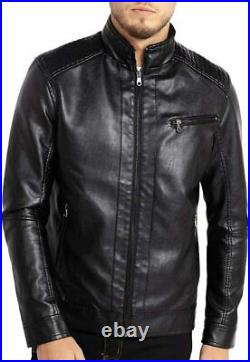 New Men Black Leather Jacket Biker Motorcycle Soft Lambskin Racer Jacket Gift
