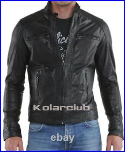 New Men Stylish Genuine Lambskin Motorcycle Bomber Leather Jacket Black