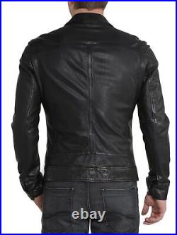 New Men Stylish Genuine Lambskin Motorcycle Bomber Leather Jacket Black