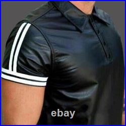 New Men's 100% Real Premium Quality Leather Polo Style Shirt with white Straps