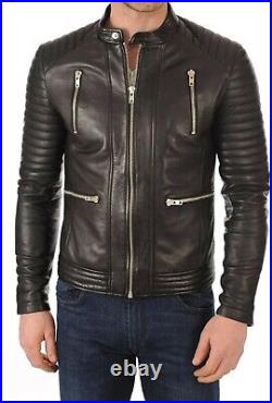 New Men's Biker Stylish Lambskin Cafe Racer Real Leather Slim Fit Jacket UK071