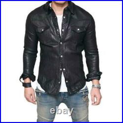 New Men's Black Shirt Genuine Real Leather Biker shirt XS to 3XL NFS 03