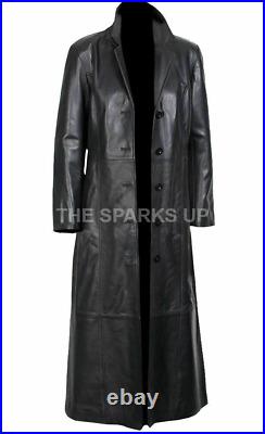 New Men's Casual Long Classic Overcoat Winter Classic Black Leather Trench Coat