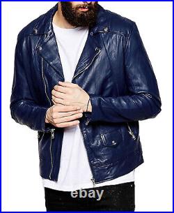 New Men's Genuine Lambskin Leather Biker Jacket Slim Fit Motorcycle Blue Jacket