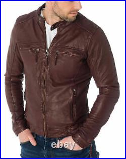New Men's Genuine Lambskin Leather Jacket Brown Slim fit Biker Motorcycle jacket