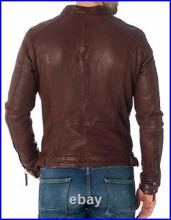 New Men's Genuine Lambskin Leather Jacket Brown Slim fit Biker Motorcycle jacket