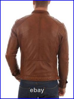 New Men's Genuine Lambskin Leather Jacket TAN Slim Fit Biker Motorcycle Jacket