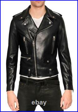 New Men's Genuine Lambskin Leather Motorcycle Slim fit Biker Jacket LFK 134