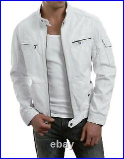 New Men's Genuine Lambskin Quilted White Motorcycle Slim fit Leather Jacket