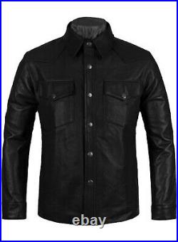 New Men's Lambskin Lightweight Leather Shirt Black Jacket Biker NFS 018