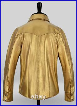 New Men's Leather Shirt 100% Real Soft Lambskin Slim Fit Stylish Gold shirt ZL62
