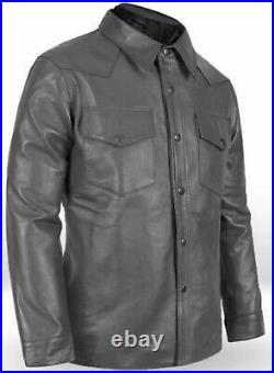 New Men's Leather Shirt Genuine Lambskin Stylish Biker Gray Smooth shirt NFS 022