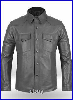 New Men's Leather Shirt Genuine Lambskin Stylish Biker Gray Smooth shirt NFS 022
