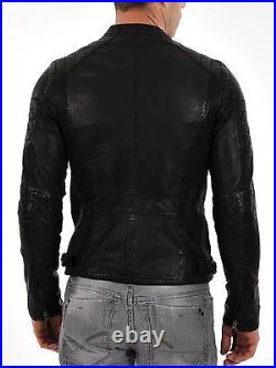 New Men's Leather jacket Black Slim fit Motorcycle Real lambskin jacket #802