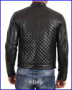 New Men's Quilted Motorcycle Black Genuine Lambskin Leather Biker Jacket