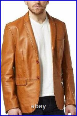 New Mens Genuine Lambskin Leather Blazer Coat Soft TWO BUTTON Tan Jacket -MB69