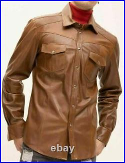 New Premium Men's Leather Shirt Soft Sheepskin Slim Fit Brown Vintage shirt ZL76