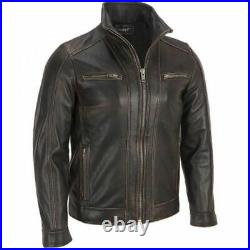 New Style Mens Black Rivet Leather Faded-Seam Jacket Genuine Real LeatherJacket