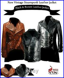 New Vintage Steampunk Black & Brown Unisex Military Leather Jacket