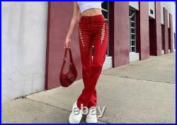 New Women Designer Bespoke Lace Work Elegant Italian Red Leather Jeggings