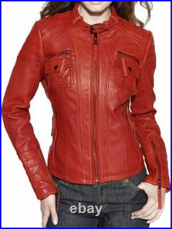 New Women Genuine Lambskin Real Leather Jacket Ladies Slim Fit Biker Coat-WJK122