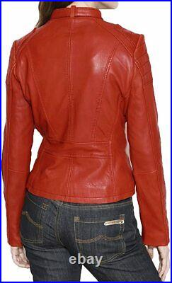 New Women Genuine Lambskin Real Leather Jacket Ladies Slim Fit Biker Coat-WJK122