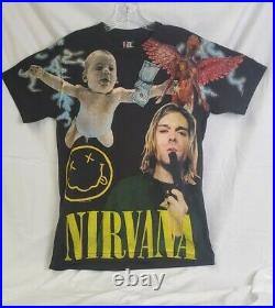 Nirvana Kurt Cobain T Shirt Sz L Single Stitch All Over Print AOP New Vtg Style