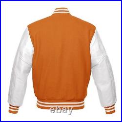 Orange Wool Varsity Bomber Jackets With White Real Leather Sleeves Letterman