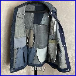 Patchwork denim blue jacket size L, Boro jacket from recycled distressed jeans