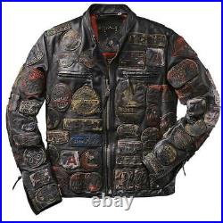 Punk Biker Embroidery Patchwork Streetwear Vintage Wax Black Real Leather Jacket