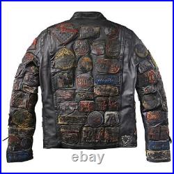 Punk Biker Embroidery Patchwork Streetwear Vintage Wax Black Real Leather Jacket