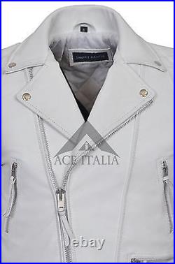 RECKLESS' Men's White Biker Style Motorcycle Real Cowhide Leather Jacket