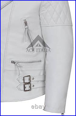 RECKLESS' Men's White Biker Style Motorcycle Real Cowhide Leather Jacket