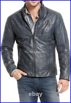 ROXA Cool Look Men's Slim Fit Genuine Lambskin Biker Natural Grey Leather Jacket