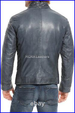 ROXA Cool Look Men's Slim Fit Genuine Lambskin Biker Natural Grey Leather Jacket