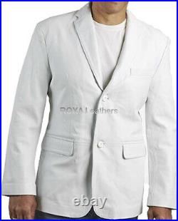 ROXA Men's 100% Authentic Sheepskin White Leather Blazer Two Button Outwear Coat