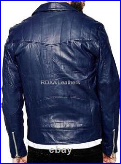 ROXA NEW Model Men's Studded Genuine NAPA Natural Leather Jacket Blue Biker Coat