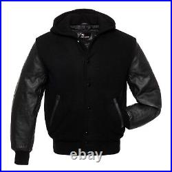 Solid All Black Wool With Real Leather Sleeves Varsity Hooded Jacket Hoodie