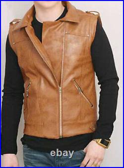 Stylish Brown Zipper Detailed Men Genuine Leather Vest