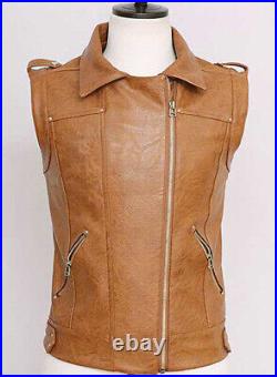 Stylish Brown Zipper Detailed Men Genuine Leather Vest